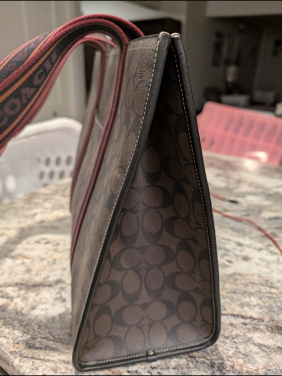 Coach Signature Canvas Large Tote in Brown with Maroon-Trim Straps - Picture 3 of 12